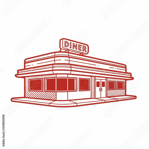 Vector SVG Icon of Diner Building with Retro Style and Geometric Lines in Monochrome Red Flat Design