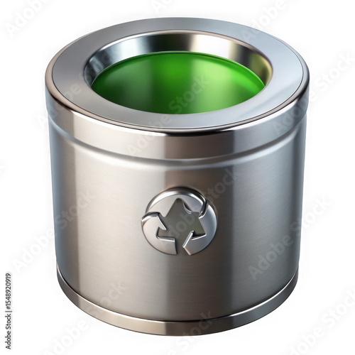 Realistic 3d rendered metallic recycling bin with green interior isolated on transparent background