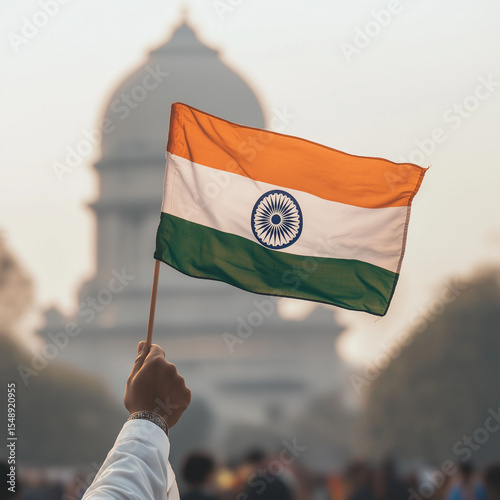 Hand holding Indian flag in front of historic white dome building
