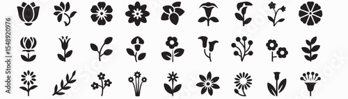Flower, botanical icon set. Vector glyph pictograms of rose, tulip, daisy, lotus, sunflower garden, lily, hibiscus, cherry blossom, carnation peony black silhouette illustration. 