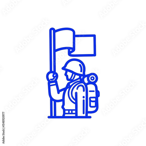 Line Art Vector SVG Icon of Soldier Holding Flag in Minimalist Flat Style with Blue Color for Military and Security Applications