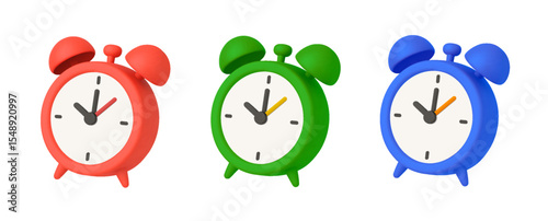 3d minimal alarm clock in different colors, isolated on white background. Alarm clock icon in 3d vector. Vector illustration