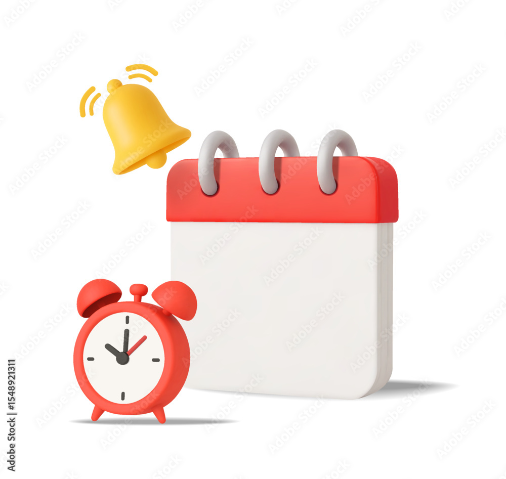 Fototapeta premium 3d minimal blank calendar with yellow notification bell, alarm clock, isolated on white background. Realistic calendar mockup, deadline and due date planning icon in 3d vector. Vector illustration