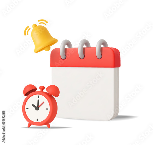 3d minimal blank calendar with yellow notification bell, alarm clock, isolated on white background. Realistic calendar mockup, deadline and due date planning icon in 3d vector. Vector illustration
