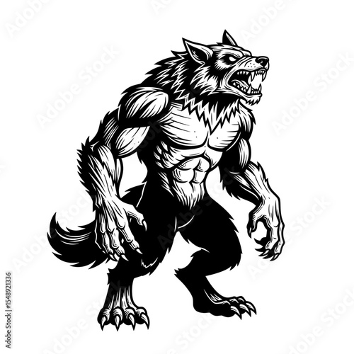 Vector SVG Illustration of Werewolf Creature with Muscular Body and Fierce Expression in Black and White Modern Line Art Style for Fantasy and Gaming Designs