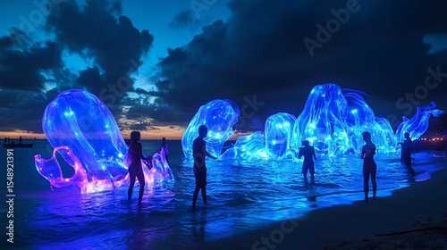 Surreal beach at twilight with glowing jellyfish and silhouette people