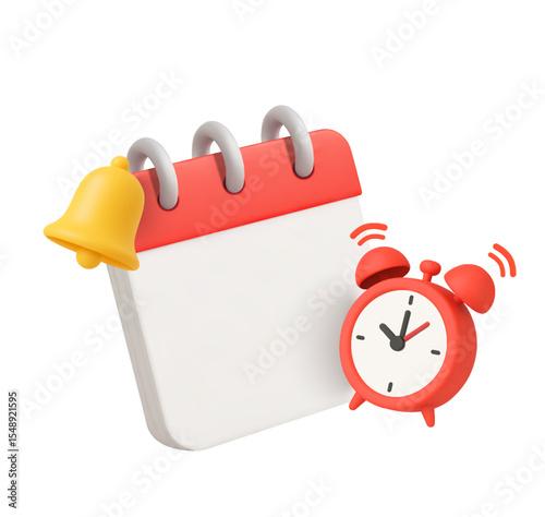 3d minimal blank calendar with yellow notification bell, ringing alarm clock, isolated on white background. Realistic calendar mockup, deadline and due date planning icon in 3d vector. Vector