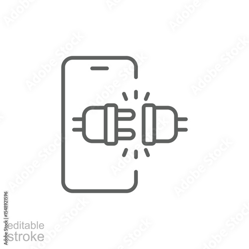 Smartphone Unplugged Cable Icon Vector, Outline Design for Digital Detox, Tech Disconnect, App Timeout, Screen Off Mode, Minimal Editable Stroke Power Off Symbol