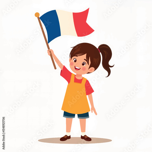 Smiling girl waving French flag on white background, celebration of culture