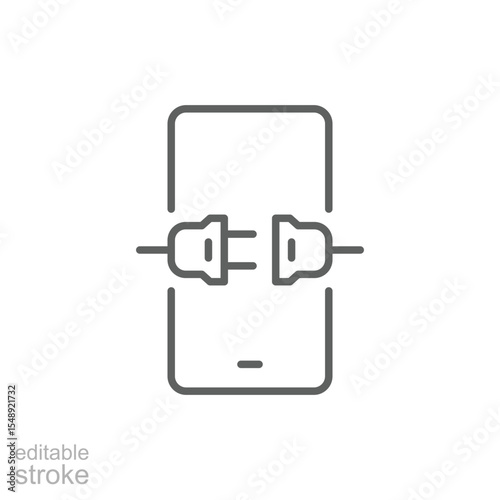 Disconnected Plug Icon Inside Smartphone Outline Vector, Editable Stroke Minimal Style for Digital Detox, Tech Break, Screen Off, Unplug, and Mobile Shutdown Concept