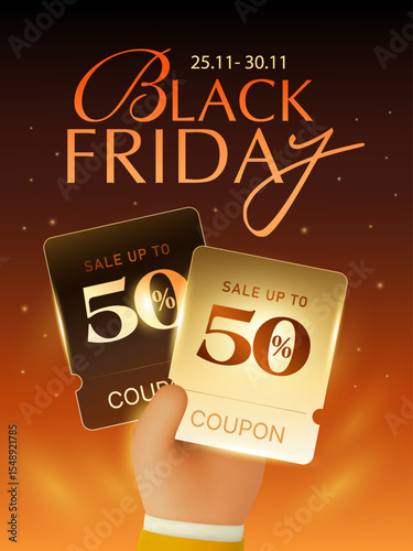 3d Black Friday sale off banner template with hand holding coupons, isolated on gradient background. Black Friday gift voucher in 3d vector. Vector illustration