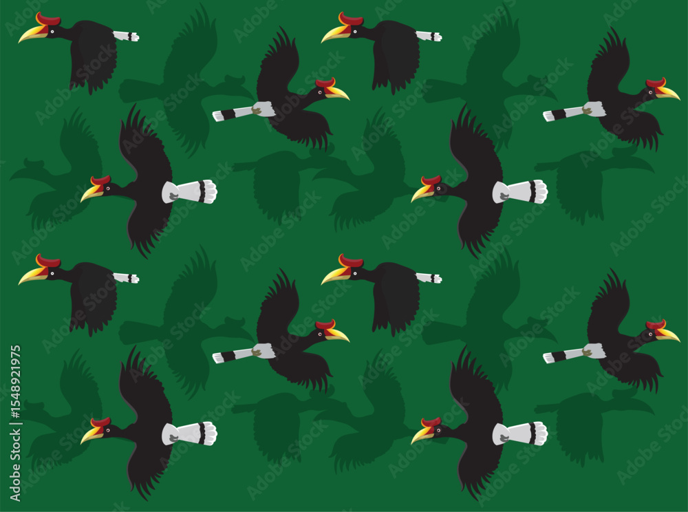 Fototapeta premium Hornbill Rhinoceros Bird Cartoon Character Seamless Wallpaper Background