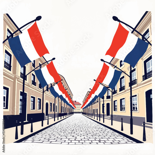 French flags lining cobblestone street, celebration of national pride
