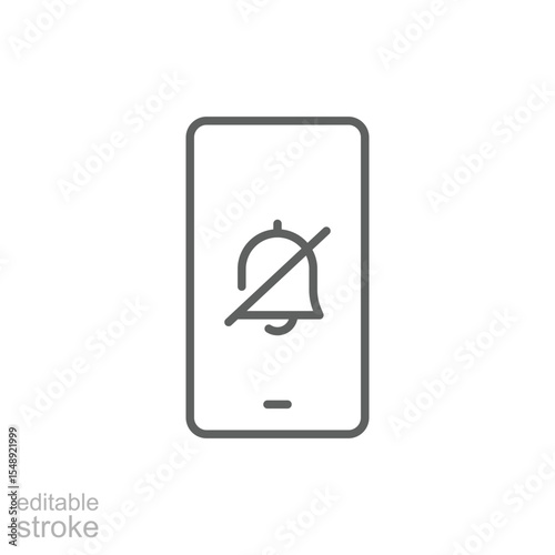Smartphone Silent Notification Icon Vector, Centered Bell Mute Symbol on Screen, Editable Stroke Outline Design for Digital Detox, Focus Mode, and No Distraction Mobile Interface