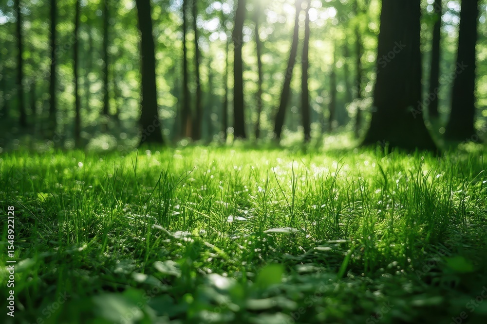 Fototapeta premium Green grass in forest, blurry tree trunks, sunlight shining behind them. Perfect for nature, outdoor, background, or environmental concepts.