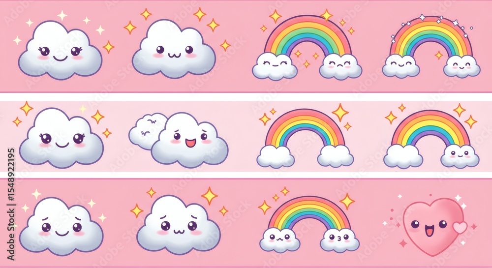 Fototapeta premium Adorable Kawaii Clouds Rainbows and Heart Cute Pink Pastel Cartoon Background Illustration