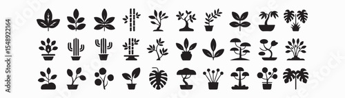 Plant, tree icon set. Vector glyph pictograms of leaf, cactus, bamboo, bonsai, nature, ecology, and landscaping concept, monstera maple black silhouette illustration.