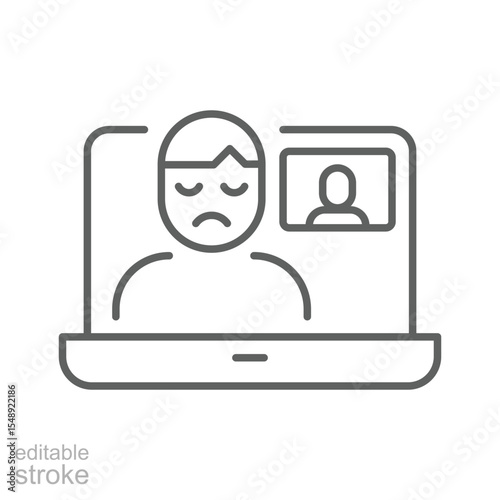 Zoom Fatigue Icon Vector, Stressed Person in Video Call on Laptop, Editable Stroke Outline Symbol for Digital Burnout, Remote Work Exhaustion, and Online Meeting Overload