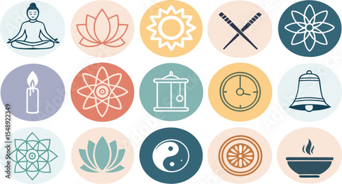 colorful Flat Icon Set of Meditation and Mindfulness Practice Calmness, Chakra, and Breathing Elements in Minimal Style on White Background.