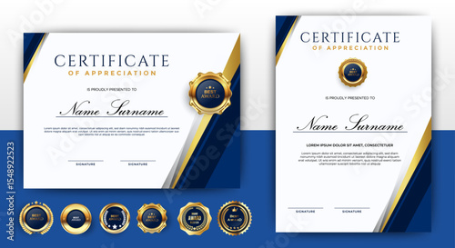 Professional Certificates of Achievement with blue and gold. suitable for award, business, and education needs