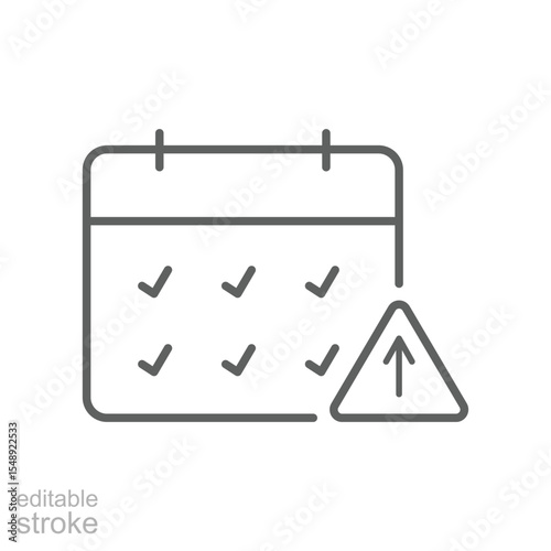 Overloaded Schedule Icon Vector, Editable Stroke Calendar with Task Checkmarks and Alert Symbol, Outline Style for Burnout Tracker, Workload Overwhelm, and Productivity Pressure