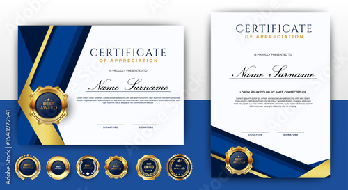 Certificates template with luxury and elegant blue gold shape background. vector
