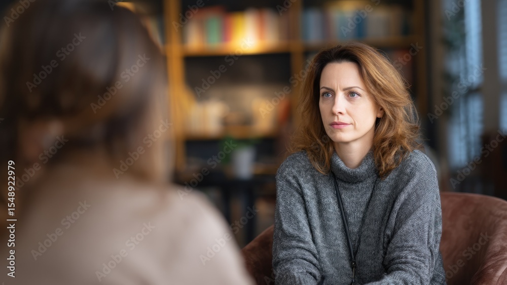 Woman in conversation likely therapy session Woman in conversation likely therapy session
