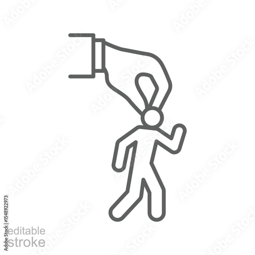 Mental Pressure Icon Vector, Big Hand Grabbing Head of Small Person Symbol, Editable Stroke Outline for Workplace Control, Burnout, Micromanagement, and Job Stress Awareness Icon