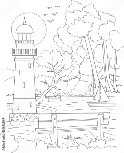 Detailed Black and White Line Art Illustration of a Peaceful Coastal Landscape Featuring a Lighthouse, Sailboat, Dock, Bench, and Trees - Perfect for Coloring Books and Design Projects