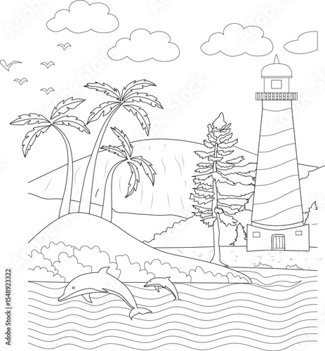 Coloring page illustration of a tropical coastal landscape with a lighthouse, palm trees, ocean with dolphins, birds, and mountains.