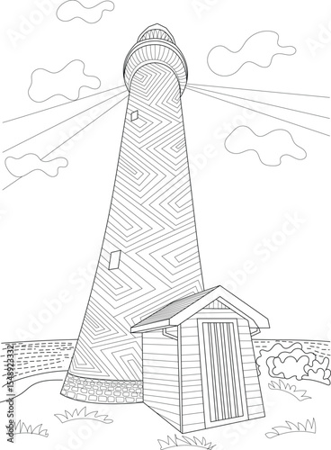 Detailed Abstract Geometric Pattern Lighthouse and Shed by the Sea - Black and White Outline Line Art for Coloring Book or Page - Coastal Navigational Aid Structure and Building Illustration