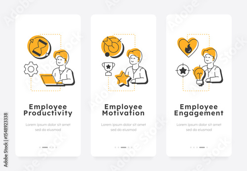 Job satisfaction benefits mobile app onboarding screens. Employee motivation, productivity. Workflow performance. Flat UI UX design, orange highlight with outline icons conceptual. Lexend font used