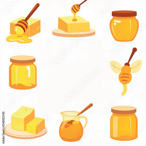 Honey and beeswax illustrations with jars and honey, sweet symbolism