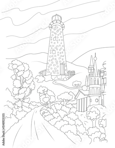 Black and white line drawing illustration showing a lighthouse on a hill in a landscape with a road, trees, and buildings. Good for coloring books, education, crafts, and design.