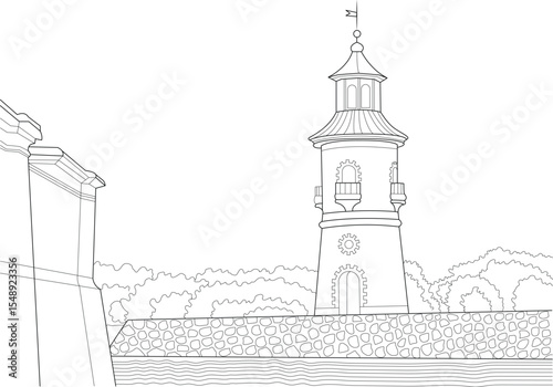 Minimalist black and white line art illustration of a classic coastal lighthouse tower structure on a stone base.