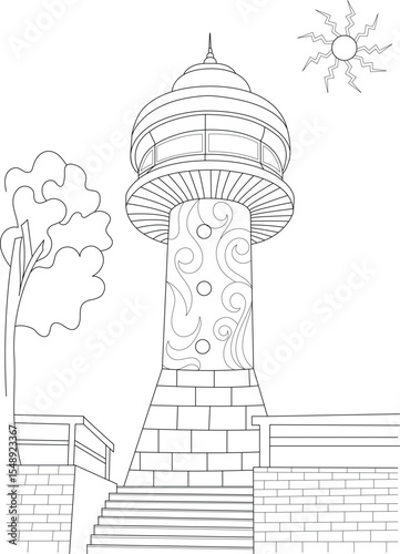 Stylized line art drawing of a decorative tower or fantasy lighthouse with stairs, tree, and sun for coloring and design.