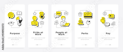 5P of employee fulfillment mobile app onboarding screens. Work life balance. Employee wellbeing. Flat UI UX design, yellow highlight with outline icons conceptual. Lexend font used
