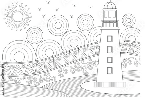 Detailed Abstract Lighthouse Line Art Illustration with Decorative Patterns, Circles, Stylized Sun, Flying Birds, and Waves - Perfect for Coloring Pages, Design Elements, or Creative Projects