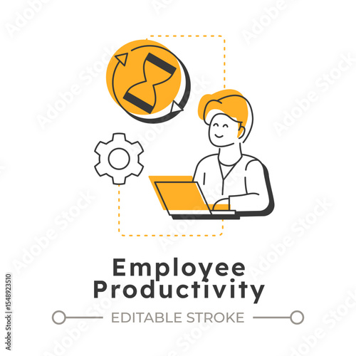 Employee productivity modern linear concept icon. Task management, multitask. Efficiency increase, performance. Flat outline elements connected with dotted lines. Creative visual. Easy to edit