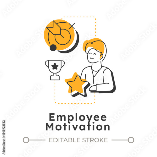Employee motivation modern linear concept icon. Target goal. Achievement, milestone. Meeting, teamwork. Flat outline elements connected with dotted lines. Creative visual. Easy to edit