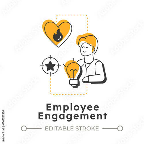 Employee engagement modern linear concept icon. Efficiency meter, productivity. Teamwork, partnership. Flat outline elements connected with dotted lines. Creative visual. Easy to edit