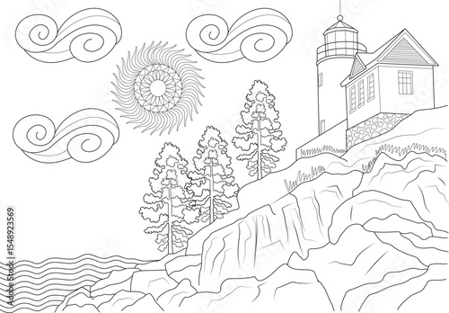 Black and white line art illustration of a lighthouse perched on a rocky cliff overlooking the ocean with stylized sun, clouds, and pine trees, perfect for coloring books and coastal theme design.