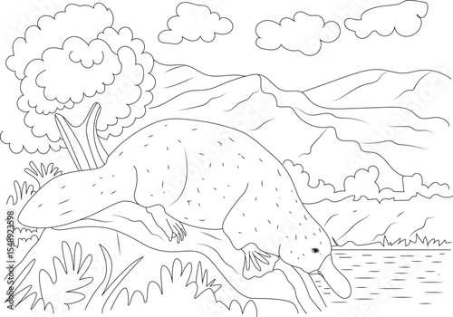 Black and white outline illustration of a platypus drinking water from a river in a natural landscape with mountains, tree, and clouds, perfect for coloring books or educational materials.