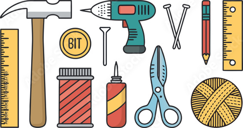 set of different tools Creative Hobby Flat Icon Set Hammer, Glue Gun, Sewing Tools, and DIY Craft Elements on White Background.