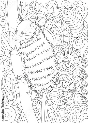 Intricate Line Art Coloring Page with a Cute Lazy Animal on a Tree Branch and Detailed Abstract Background for Mindfulness and Relaxation