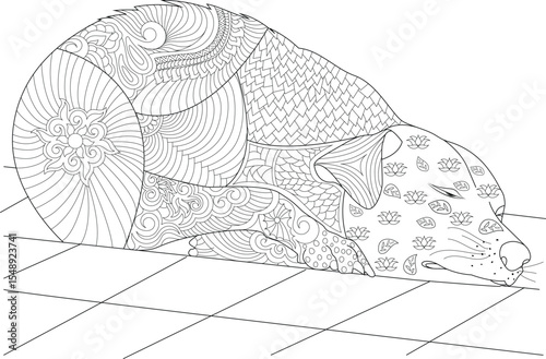Detailed black and white line art of a lazy animal, possibly a dog or wolf, adorned with intricate patterns and mandalas, resting on a tiled floor. Ideal for coloring books and artistic designs.