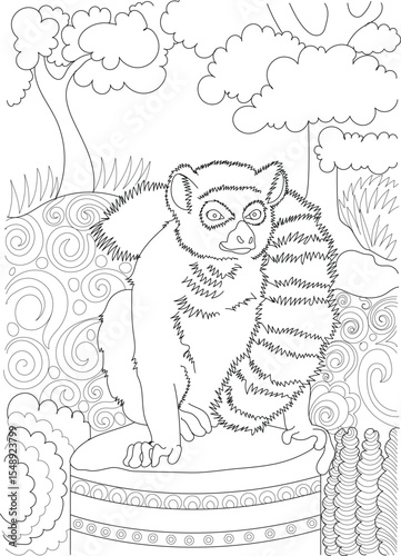 Adorable lazy lemur perched in a forest, a detailed line art illustration ready for coloring, ideal for children and adults.