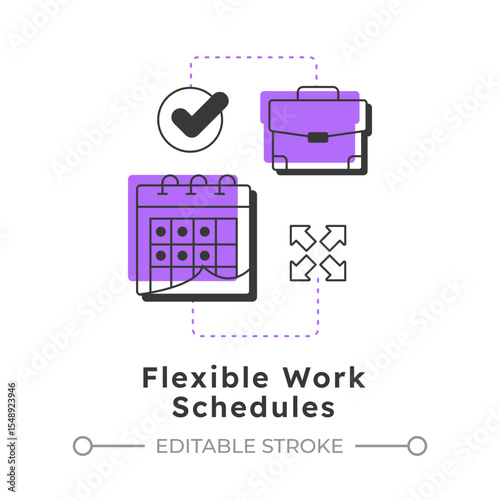 Flexible work schedules modern linear concept icon. Monthly planner, calender. Remote employment, technology. Flat outline elements connected with dotted lines. Creative visual. Easy to edit