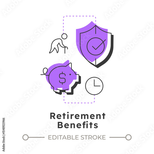 Retirement benefits modern linear concept icon. Financial management. Investment planning. Pension, savings. Flat outline elements connected with dotted lines. Creative visual. Easy to edit