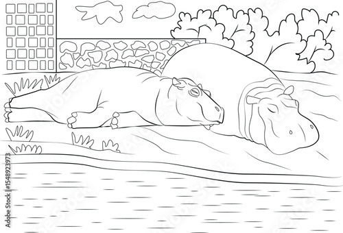 Line art illustration of two lazy hippos sleeping peacefully by the water's edge, with grass, trees, clouds, a building, and a wall in the background. Great for coloring, nature, wildlife.